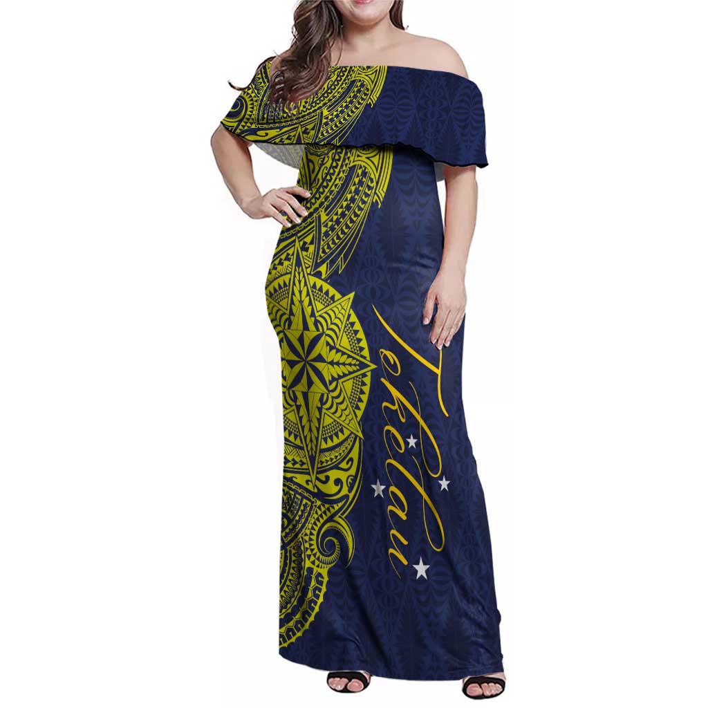 Personalised Tokelau Classic Ngatu Motifs Family Matching Off Shoulder Maxi Dress and Hawaiian Shirt LT03 Mom's Dress Blue - Polynesian Pride