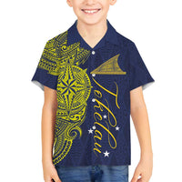 Personalised Tokelau Classic Ngatu Motifs Family Matching Off Shoulder Maxi Dress and Hawaiian Shirt LT03 Son's Shirt Blue - Polynesian Pride
