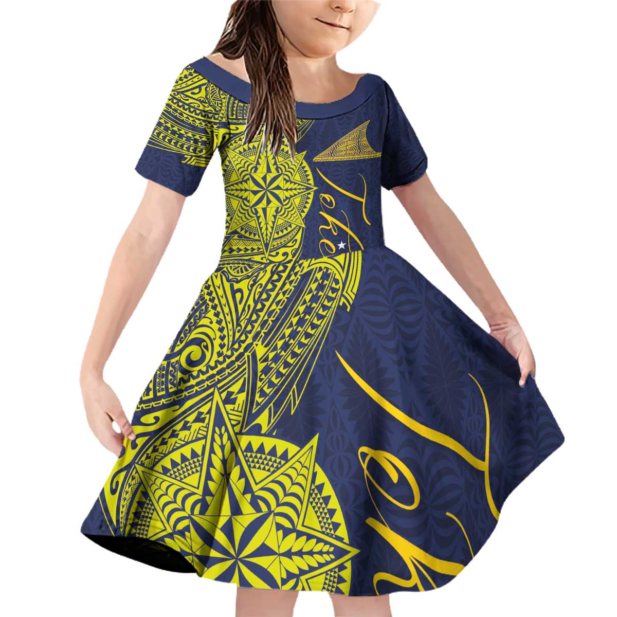 Personalised Tokelau Classic Ngatu Motifs Family Matching Off Shoulder Short Dress and Hawaiian Shirt LT03 Daughter's Dress Blue - Polynesian Pride