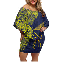 Personalised Tokelau Classic Ngatu Motifs Family Matching Off Shoulder Short Dress and Hawaiian Shirt LT03 Mom's Dress Blue - Polynesian Pride