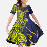 Personalised Tokelau Classic Ngatu Motifs Family Matching Short Sleeve Bodycon Dress and Hawaiian Shirt LT03 Daughter's Dress Blue - Polynesian Pride