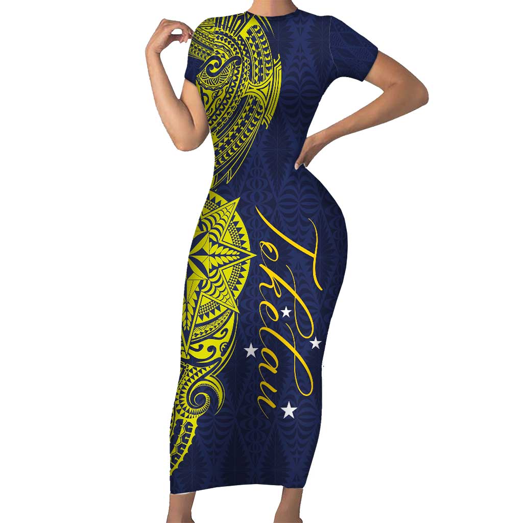 Personalised Tokelau Classic Ngatu Motifs Family Matching Short Sleeve Bodycon Dress and Hawaiian Shirt LT03 Mom's Dress Blue - Polynesian Pride
