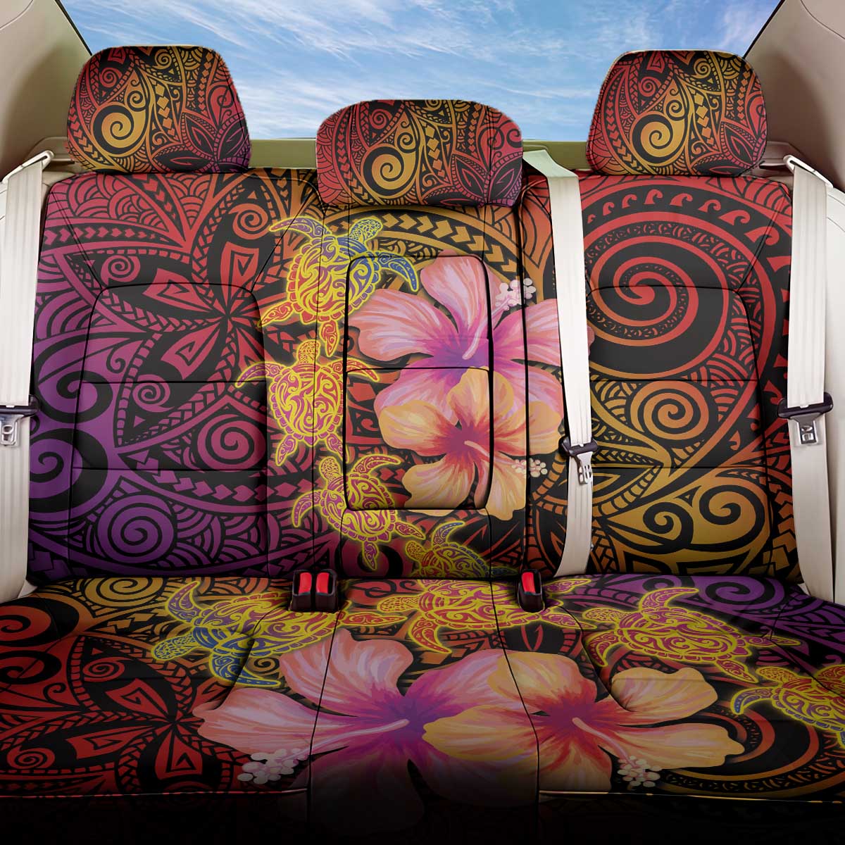 Hawaiian Hibiscus Turtle Tribal Polynesian Pattern Back Car Seat Cover Colorful Color LT03 One Size Red - Polynesian Pride