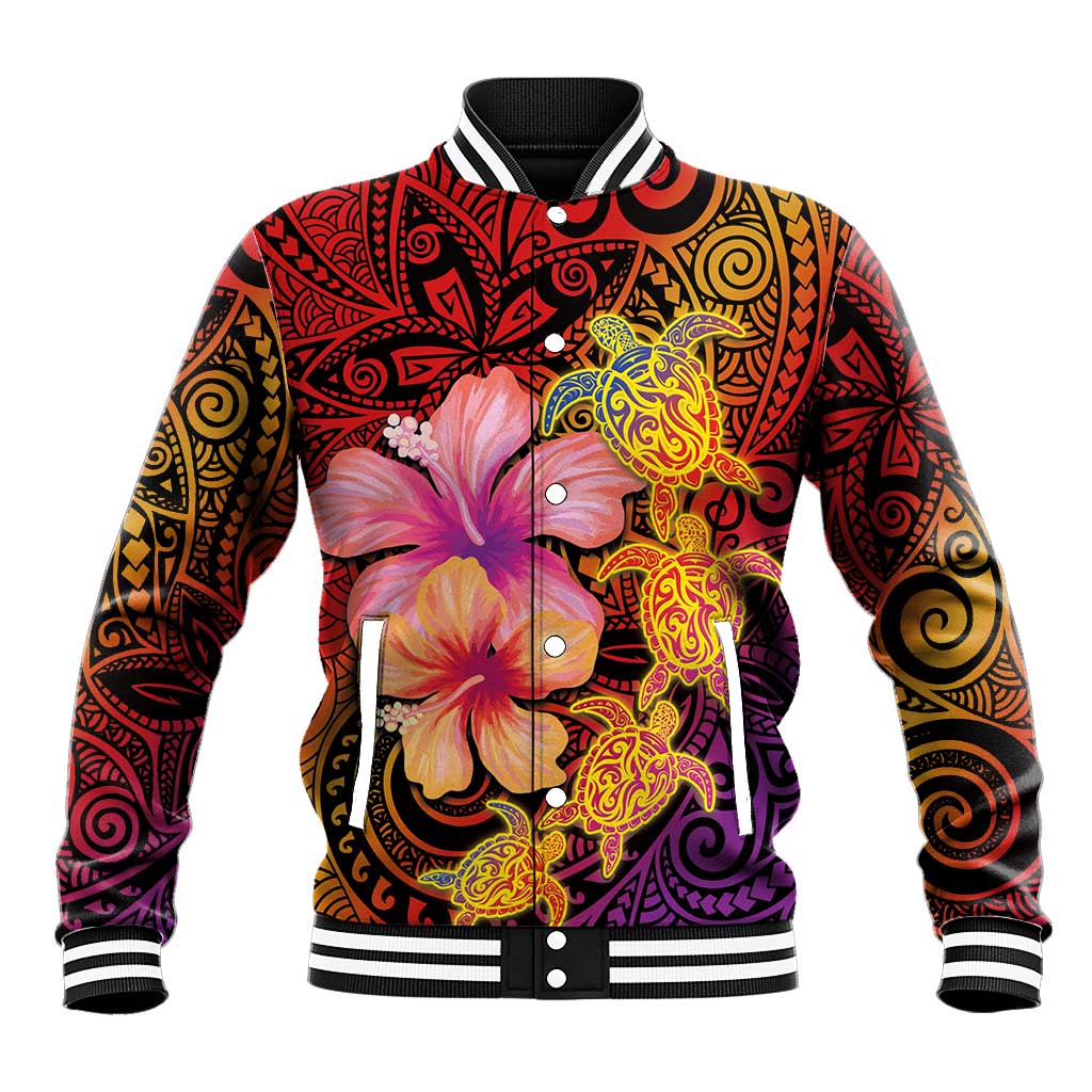 Hawaiian Hibiscus Turtle Tribal Polynesian Pattern Baseball Jacket Colorful Color