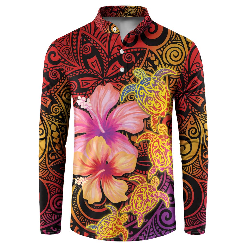 Hawaiian Hibiscus Turtle Tribal Polynesian Pattern Button Sweatshirt Colorful Color