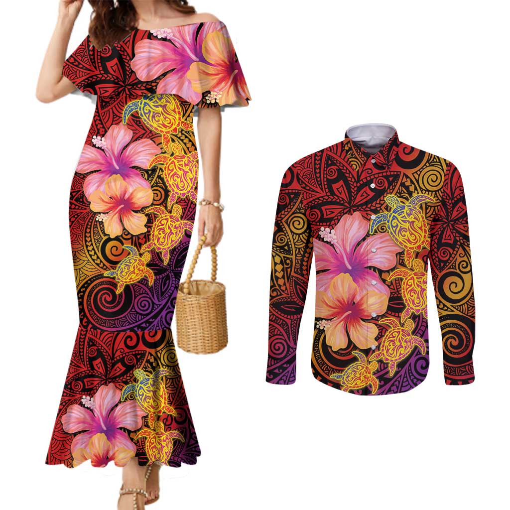 Hawaiian Hibiscus Turtle Tribal Polynesian Pattern Couples Matching Mermaid Dress and Long Sleeve Button Shirt Colorful Color