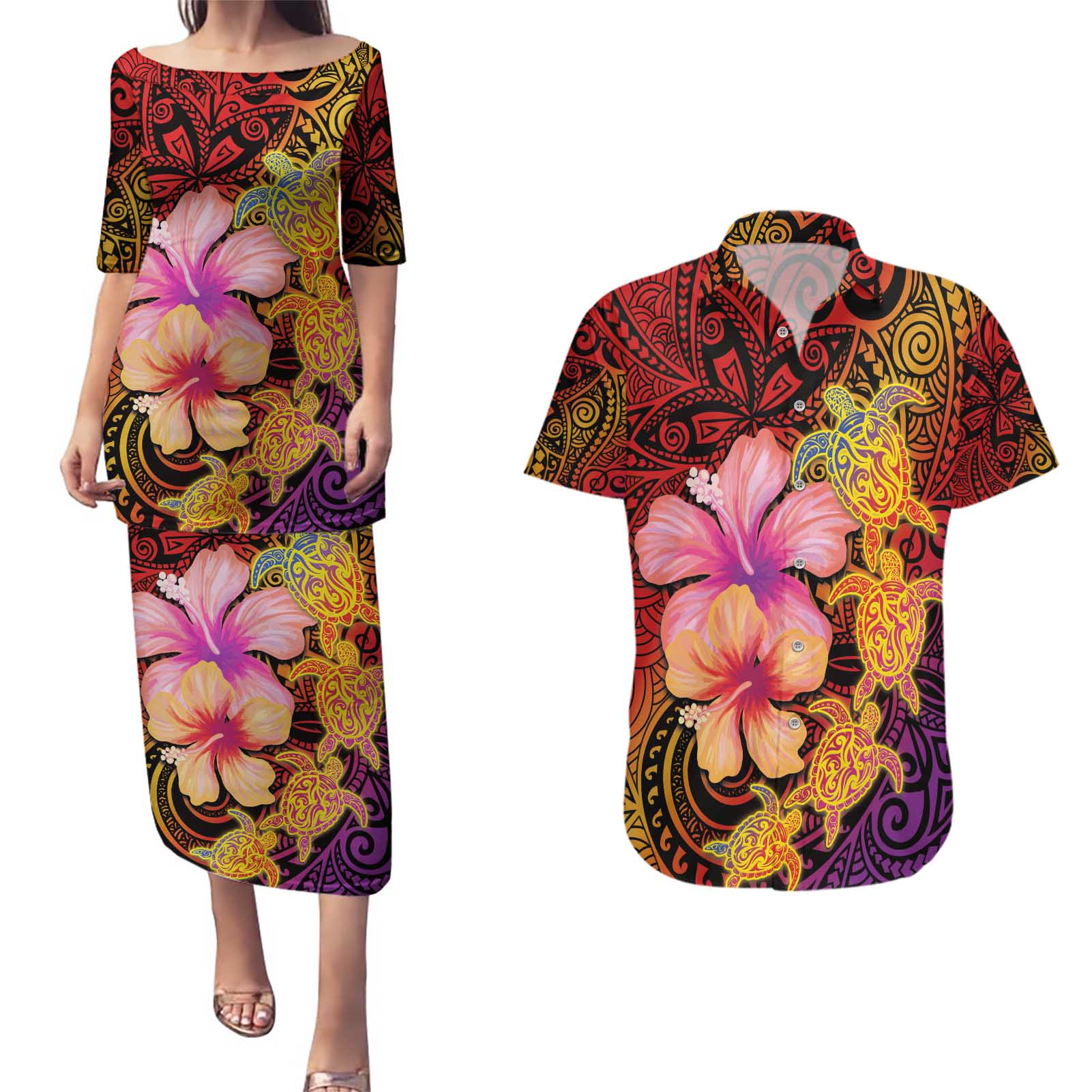 Hawaiian Hibiscus Turtle Tribal Polynesian Pattern Couples Matching Puletasi and Hawaiian Shirt Colorful Color