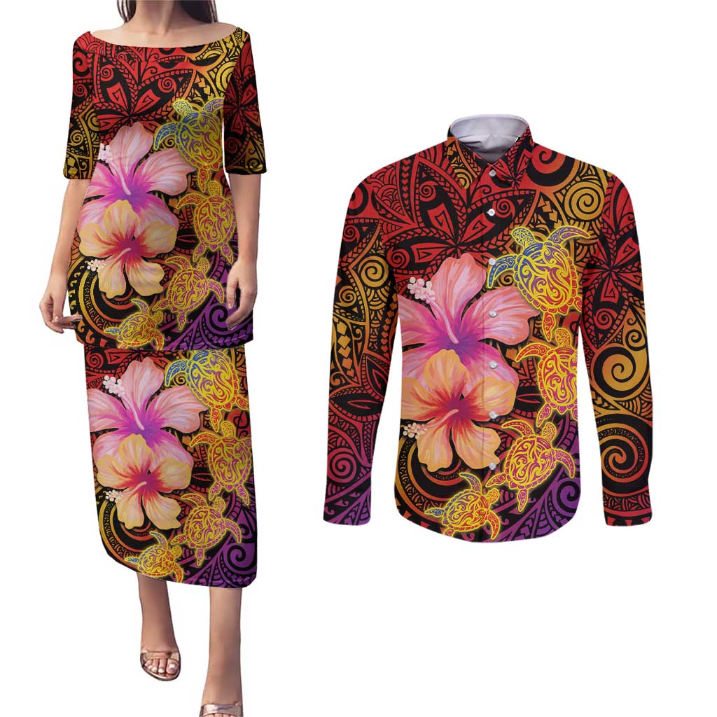 Hawaiian Hibiscus Turtle Tribal Polynesian Pattern Couples Matching Puletasi and Long Sleeve Button Shirt Colorful Color