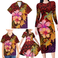 Hawaiian Hibiscus Turtle Tribal Polynesian Pattern Family Matching Long Sleeve Bodycon Dress and Hawaiian Shirt Colorful Color LT03 - Polynesian Pride