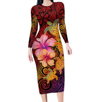 Hawaiian Hibiscus Turtle Tribal Polynesian Pattern Family Matching Long Sleeve Bodycon Dress and Hawaiian Shirt Colorful Color LT03 Mom's Dress Red - Polynesian Pride
