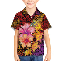 Hawaiian Hibiscus Turtle Tribal Polynesian Pattern Family Matching Long Sleeve Bodycon Dress and Hawaiian Shirt Colorful Color LT03 Son's Shirt Red - Polynesian Pride