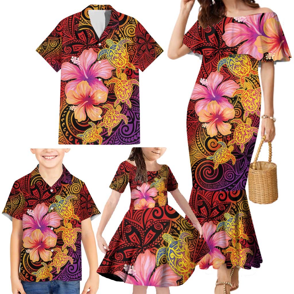 Hawaiian Hibiscus Turtle Tribal Polynesian Pattern Family Matching Mermaid Dress and Hawaiian Shirt Colorful Color LT03 - Polynesian Pride