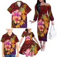 Hawaiian Hibiscus Turtle Tribal Polynesian Pattern Family Matching Off The Shoulder Long Sleeve Dress and Hawaiian Shirt Colorful Color LT03 - Polynesian Pride
