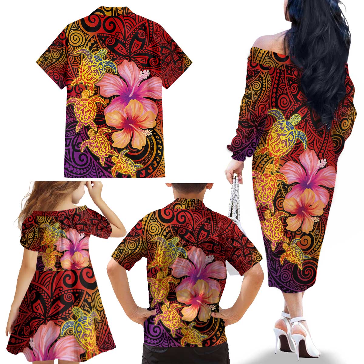 Hawaiian Hibiscus Turtle Tribal Polynesian Pattern Family Matching Off The Shoulder Long Sleeve Dress and Hawaiian Shirt Colorful Color LT03 - Polynesian Pride