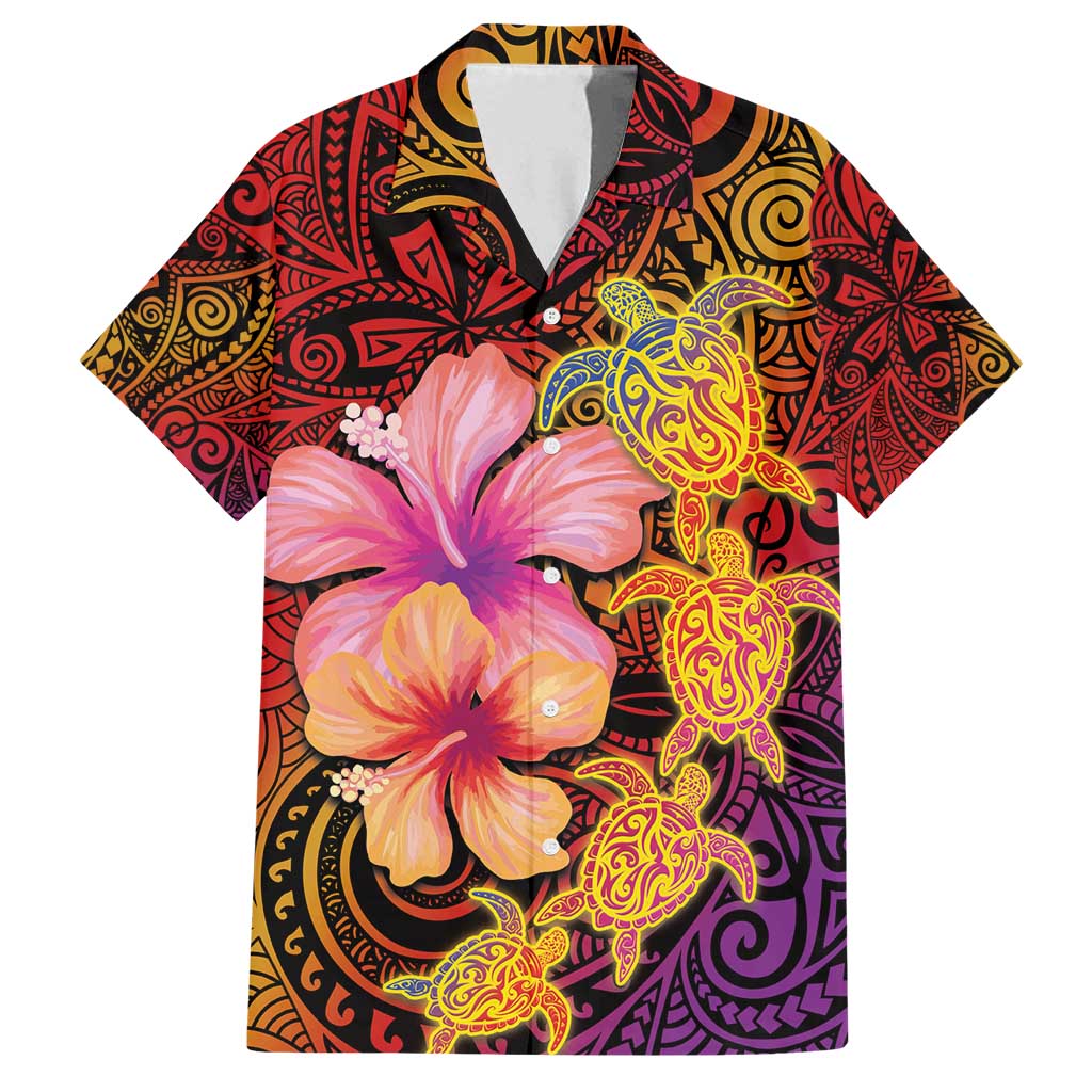 Hawaiian Hibiscus Turtle Tribal Polynesian Pattern Family Matching Off Shoulder Maxi Dress and Hawaiian Shirt Colorful Color LT03 Dad's Shirt - Short Sleeve Red - Polynesian Pride