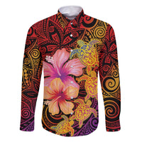 Hawaiian Hibiscus Turtle Tribal Polynesian Pattern Family Matching Off Shoulder Maxi Dress and Hawaiian Shirt Colorful Color LT03 Dad's Shirt - Long Sleeve Red - Polynesian Pride
