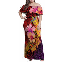 Hawaiian Hibiscus Turtle Tribal Polynesian Pattern Family Matching Off Shoulder Maxi Dress and Hawaiian Shirt Colorful Color LT03 Mom's Dress Red - Polynesian Pride