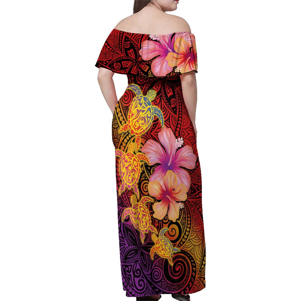 Hawaiian Hibiscus Turtle Tribal Polynesian Pattern Family Matching Off Shoulder Maxi Dress and Hawaiian Shirt Colorful Color LT03 - Polynesian Pride