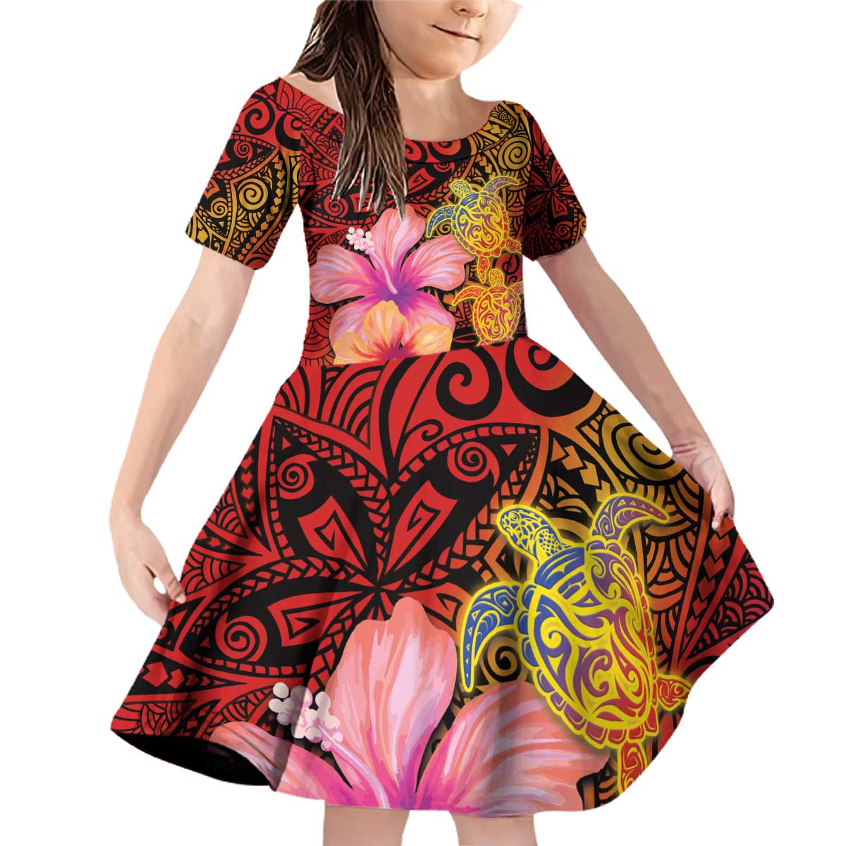 Hawaiian Hibiscus Turtle Tribal Polynesian Pattern Family Matching Off Shoulder Short Dress and Hawaiian Shirt Colorful Color LT03 Daughter's Dress Red - Polynesian Pride
