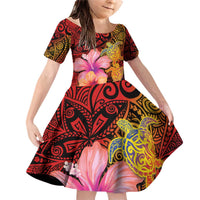 Hawaiian Hibiscus Turtle Tribal Polynesian Pattern Family Matching Off Shoulder Short Dress and Hawaiian Shirt Colorful Color LT03 Daughter's Dress Red - Polynesian Pride