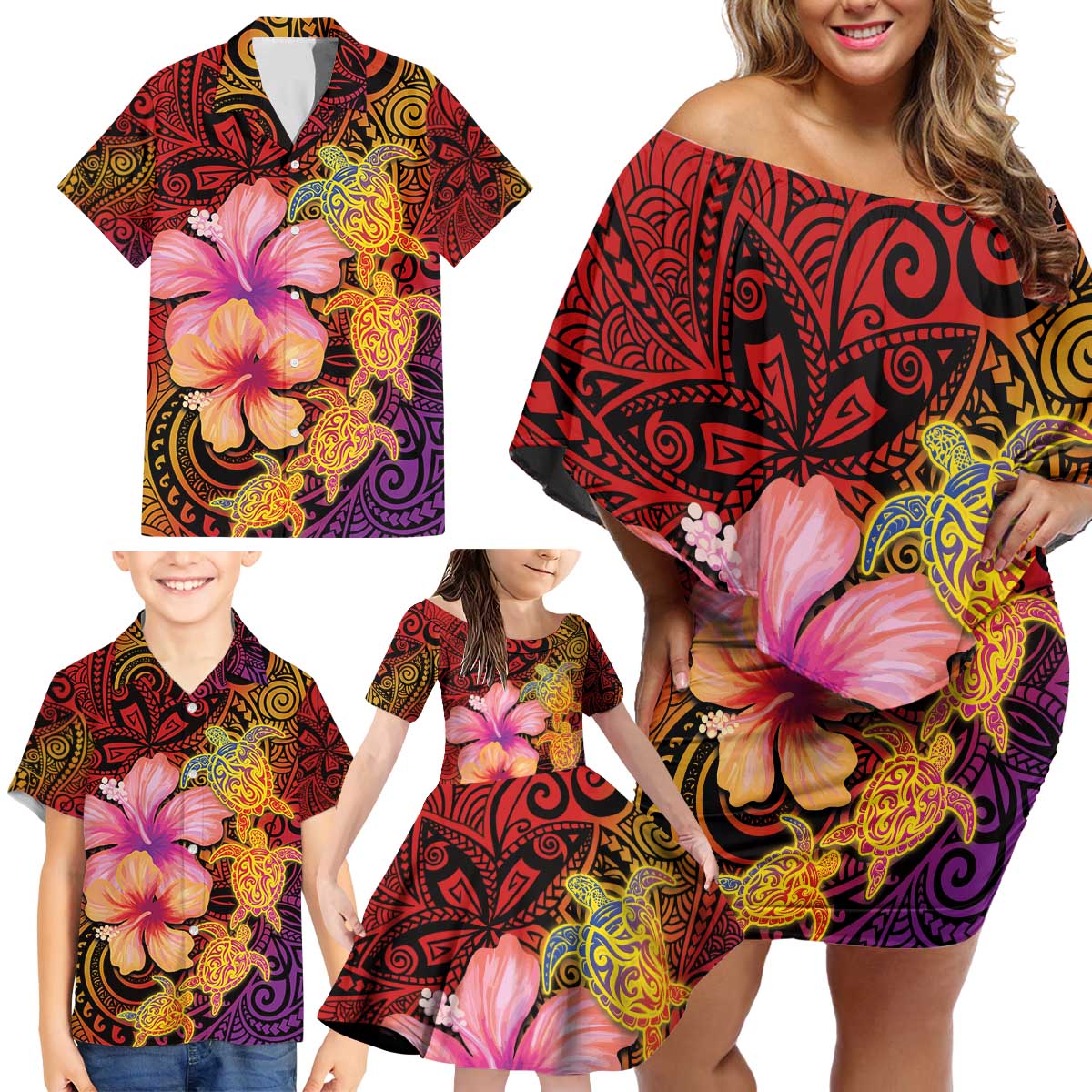 Hawaiian Hibiscus Turtle Tribal Polynesian Pattern Family Matching Off Shoulder Short Dress and Hawaiian Shirt Colorful Color LT03 - Polynesian Pride