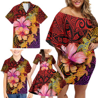Hawaiian Hibiscus Turtle Tribal Polynesian Pattern Family Matching Off Shoulder Short Dress and Hawaiian Shirt Colorful Color LT03 - Polynesian Pride