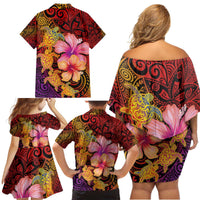 Hawaiian Hibiscus Turtle Tribal Polynesian Pattern Family Matching Off Shoulder Short Dress and Hawaiian Shirt Colorful Color LT03 - Polynesian Pride
