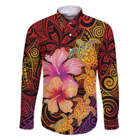Hawaiian Hibiscus Turtle Tribal Polynesian Pattern Family Matching Off Shoulder Short Dress and Hawaiian Shirt Colorful Color LT03 Dad's Shirt - Long Sleeve Red - Polynesian Pride