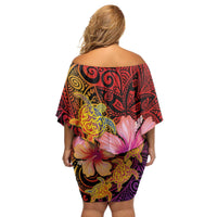 Hawaiian Hibiscus Turtle Tribal Polynesian Pattern Family Matching Off Shoulder Short Dress and Hawaiian Shirt Colorful Color LT03 - Polynesian Pride