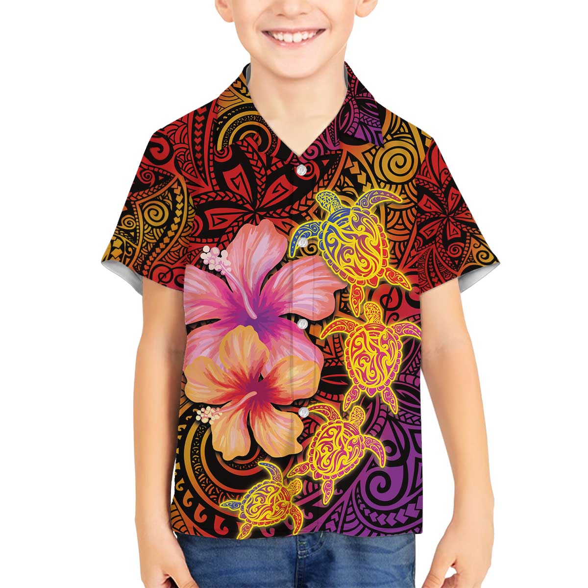 Hawaiian Hibiscus Turtle Tribal Polynesian Pattern Family Matching Off Shoulder Short Dress and Hawaiian Shirt Colorful Color LT03 Son's Shirt Red - Polynesian Pride
