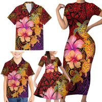 Hawaiian Hibiscus Turtle Tribal Polynesian Pattern Family Matching Short Sleeve Bodycon Dress and Hawaiian Shirt Colorful Color LT03 - Polynesian Pride