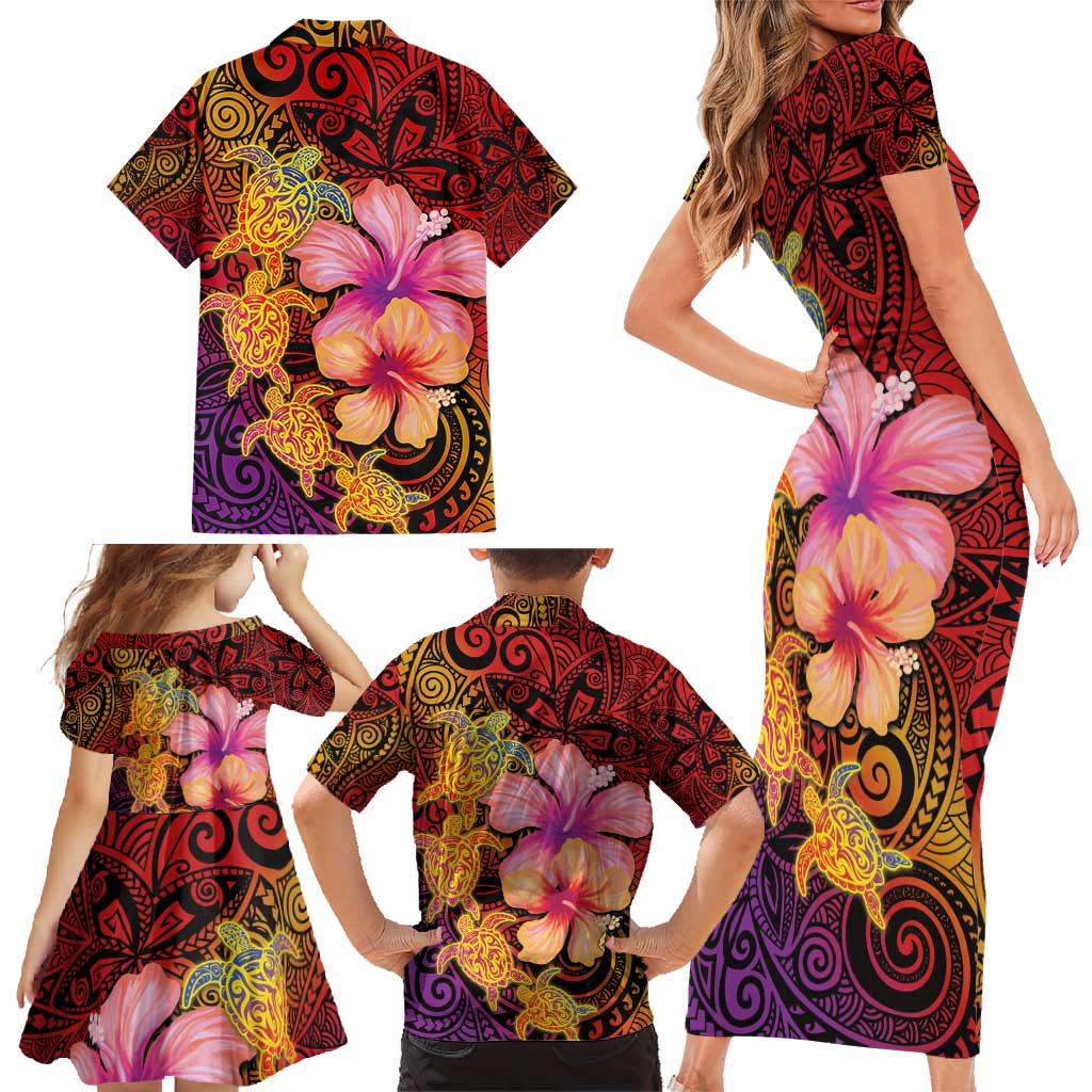 Hawaiian Hibiscus Turtle Tribal Polynesian Pattern Family Matching Short Sleeve Bodycon Dress and Hawaiian Shirt Colorful Color LT03 - Polynesian Pride