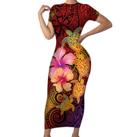 Hawaiian Hibiscus Turtle Tribal Polynesian Pattern Family Matching Short Sleeve Bodycon Dress and Hawaiian Shirt Colorful Color LT03 Mom's Dress Red - Polynesian Pride