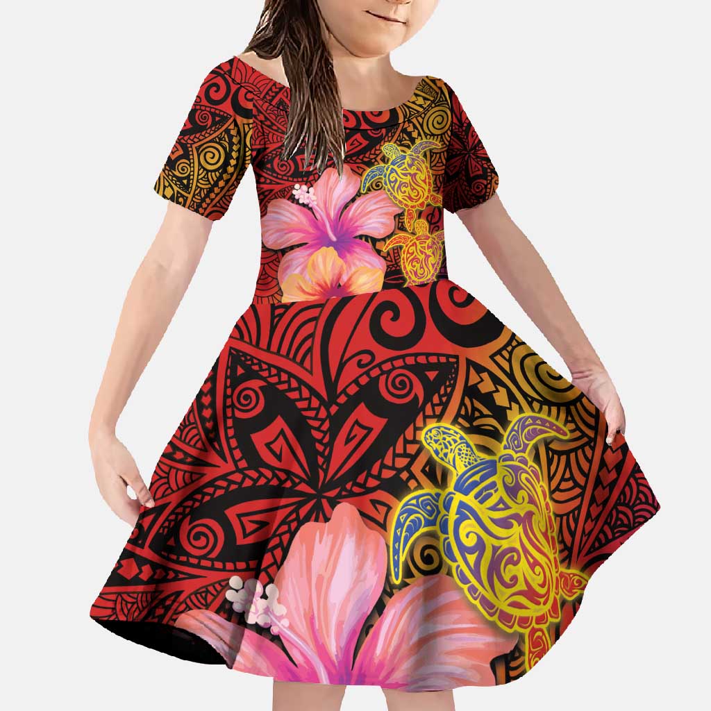 Hawaiian Hibiscus Turtle Tribal Polynesian Pattern Family Matching Summer Maxi Dress and Hawaiian Shirt Colorful Color LT03 Daughter's Dress Red - Polynesian Pride
