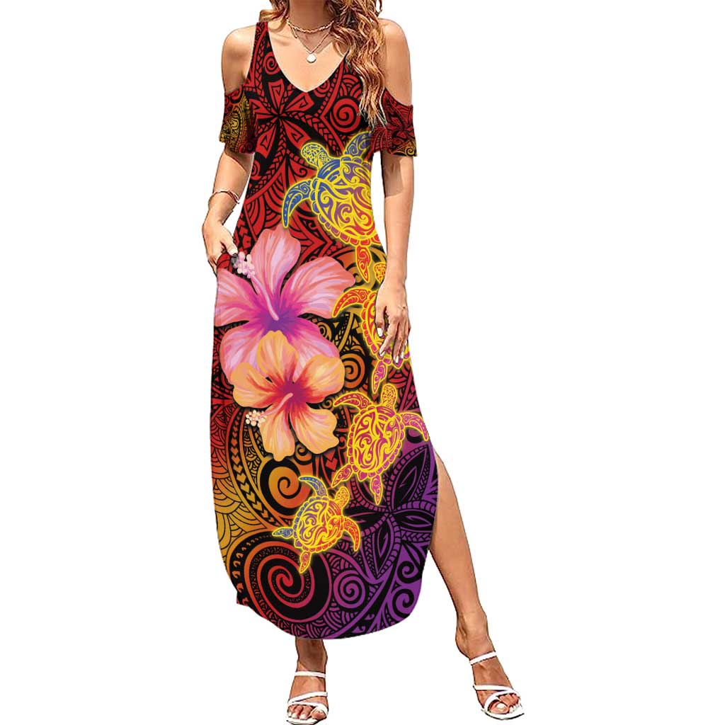 Hawaiian Hibiscus Turtle Tribal Polynesian Pattern Family Matching Summer Maxi Dress and Hawaiian Shirt Colorful Color LT03 Mom's Dress Red - Polynesian Pride