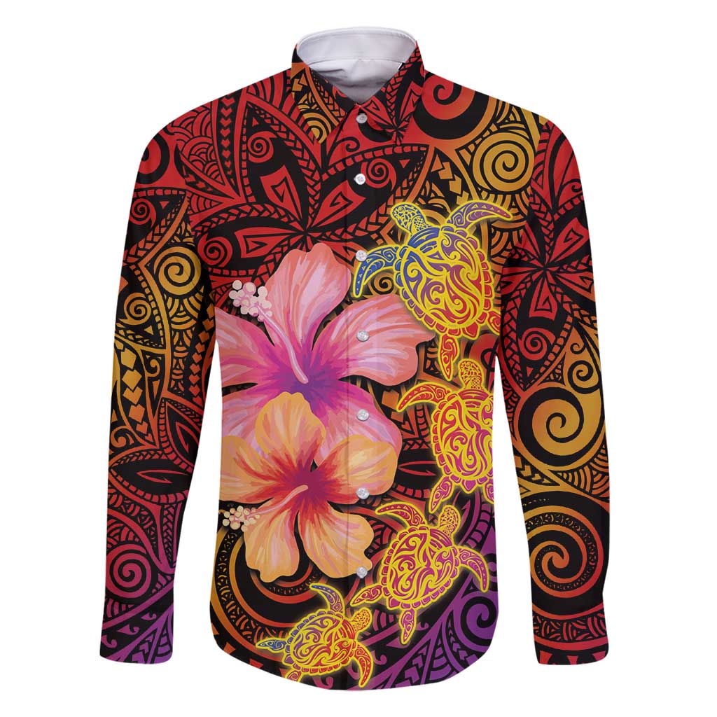 Hawaiian Hibiscus Turtle Tribal Polynesian Pattern Family Matching Tank Maxi Dress and Hawaiian Shirt Colorful Color LT03 Dad's Shirt - Long Sleeve Red - Polynesian Pride