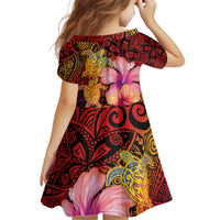 Hawaiian Hibiscus Turtle Tribal Polynesian Pattern Kid Short Sleeve Dress Colorful Color
