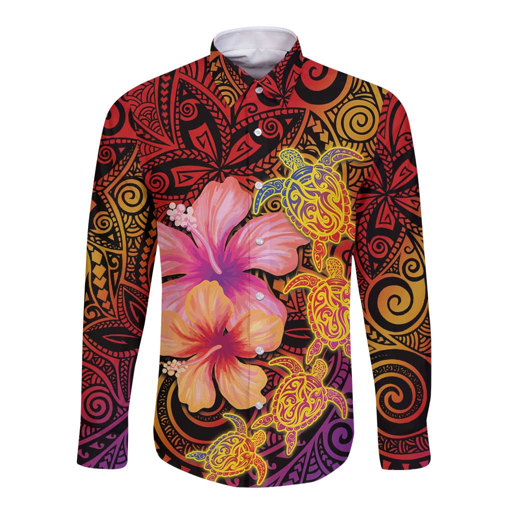 Hawaiian Hibiscus Turtle Tribal Polynesian Pattern Long Sleeve Button Shirt Colorful Color LT03 Unisex Red - Polynesian Pride