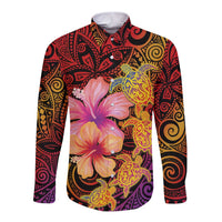 Hawaiian Hibiscus Turtle Tribal Polynesian Pattern Long Sleeve Button Shirt Colorful Color LT03 Unisex Red - Polynesian Pride