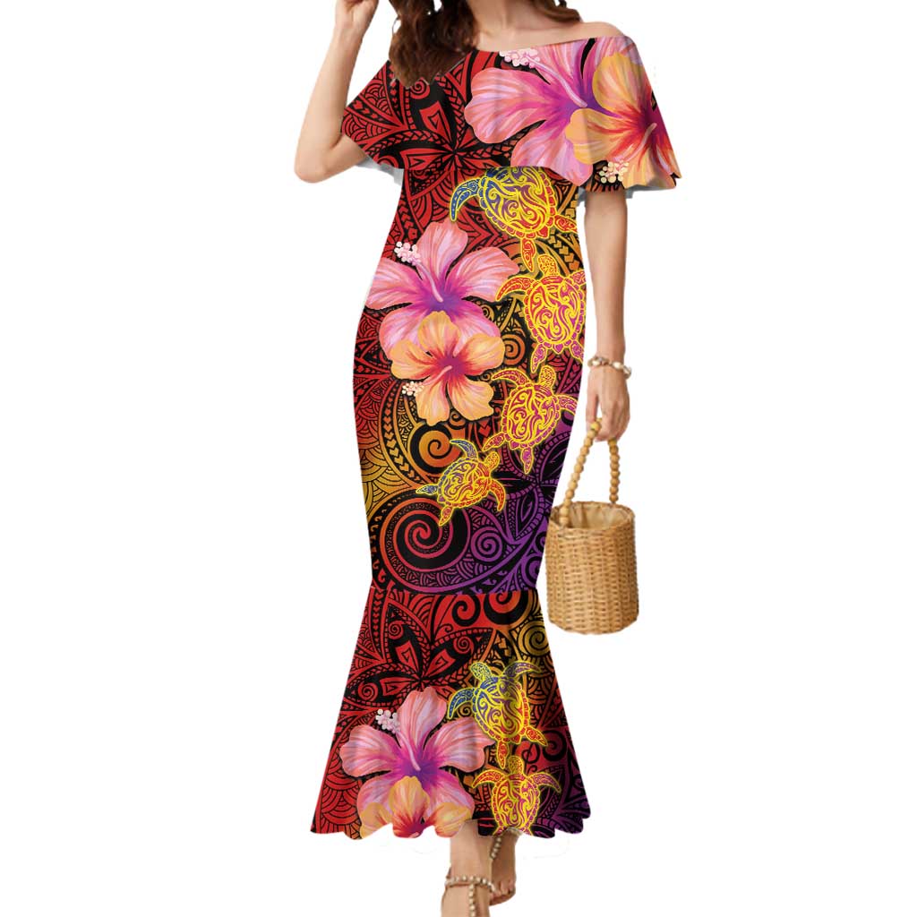 Hawaiian Hibiscus Turtle Tribal Polynesian Pattern Mermaid Dress Colorful Color LT03 Women Red - Polynesian Pride