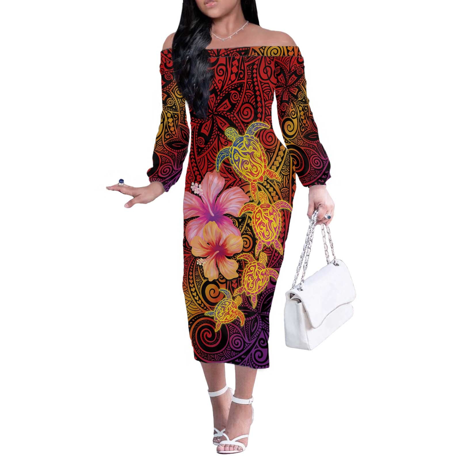 Hawaiian Hibiscus Turtle Tribal Polynesian Pattern Off The Shoulder Long Sleeve Dress Colorful Color LT03 Women Red - Polynesian Pride