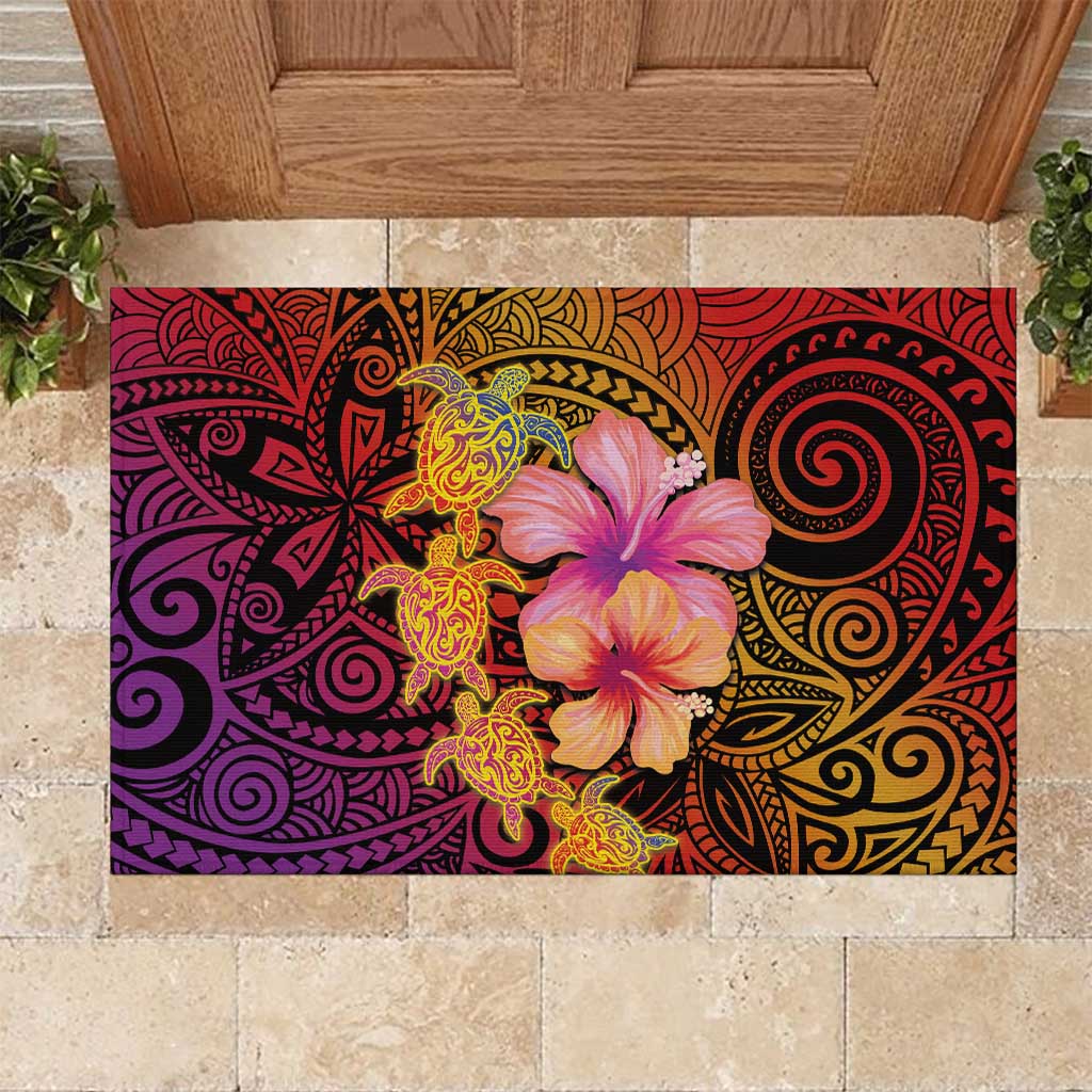 Hawaiian Hibiscus Turtle Tribal Polynesian Pattern Rubber Doormat Colorful Color
