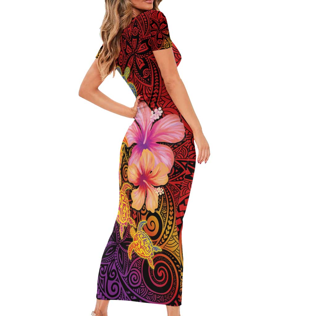 Hawaiian Hibiscus Turtle Tribal Polynesian Pattern Short Sleeve Bodycon Dress Colorful Color LT03 - Polynesian Pride