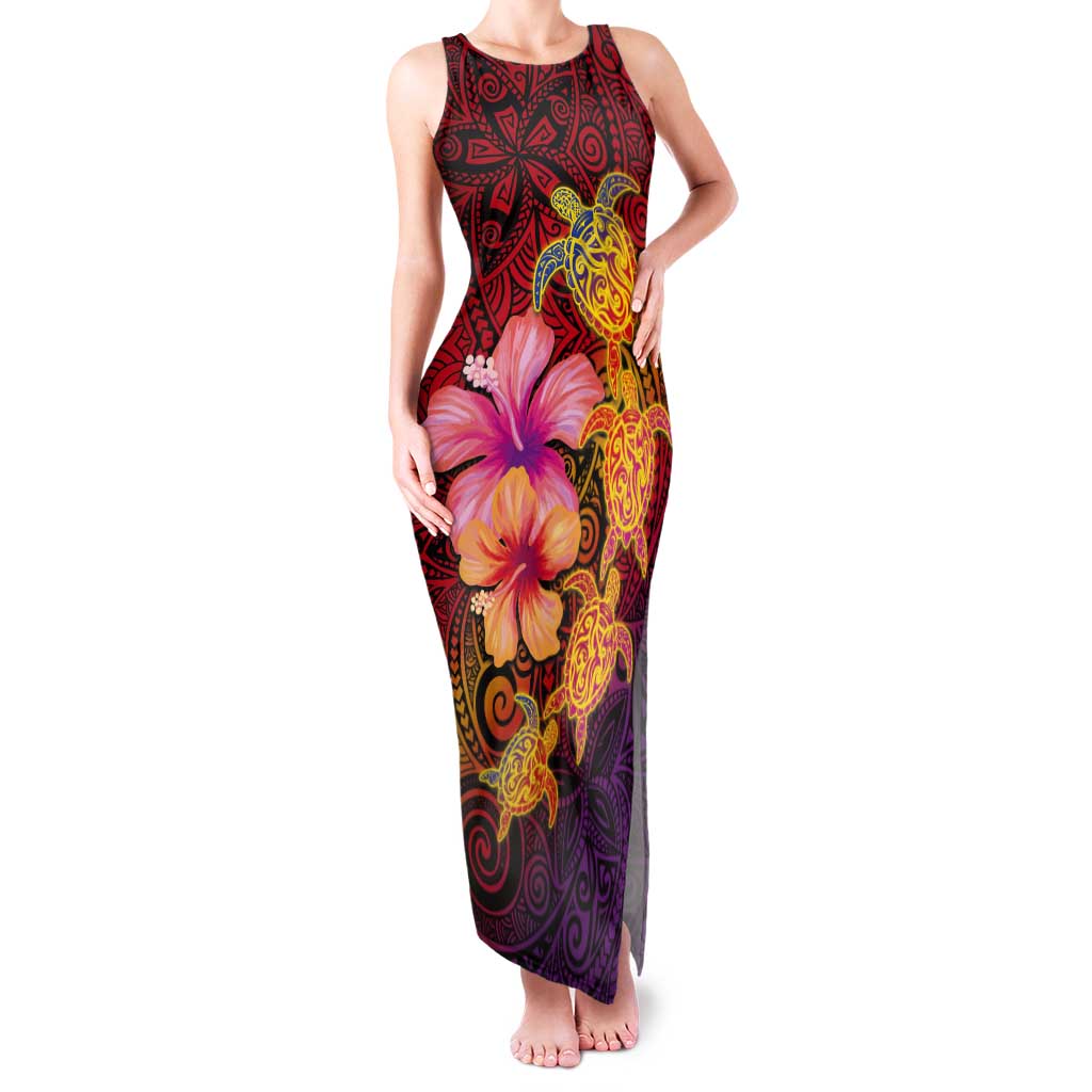 Hawaiian Hibiscus Turtle Tribal Polynesian Pattern Tank Maxi Dress Colorful Color LT03 Women Red - Polynesian Pride