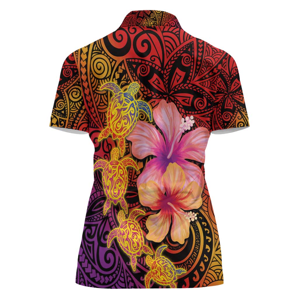 Hawaiian Hibiscus Turtle Tribal Polynesian Pattern Women Polo Shirt Colorful Color