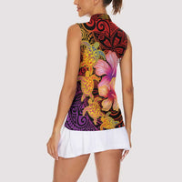 Hawaiian Hibiscus Turtle Tribal Polynesian Pattern Women Sleeveless Polo Shirt Colorful Color