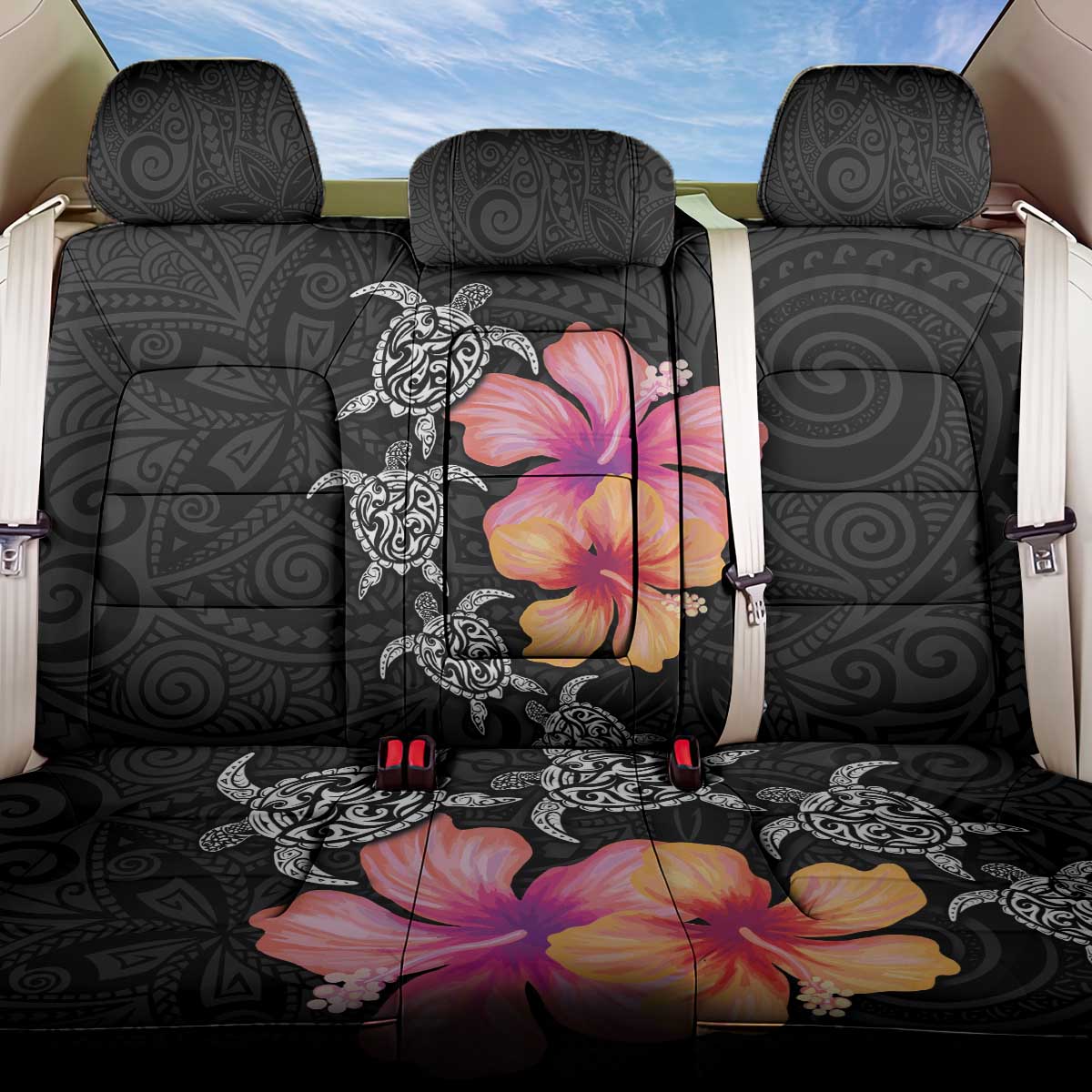 Hawaiian Hibiscus Turtle Tribal Polynesian Pattern Back Car Seat Cover Black Color LT03 One Size Black - Polynesian Pride