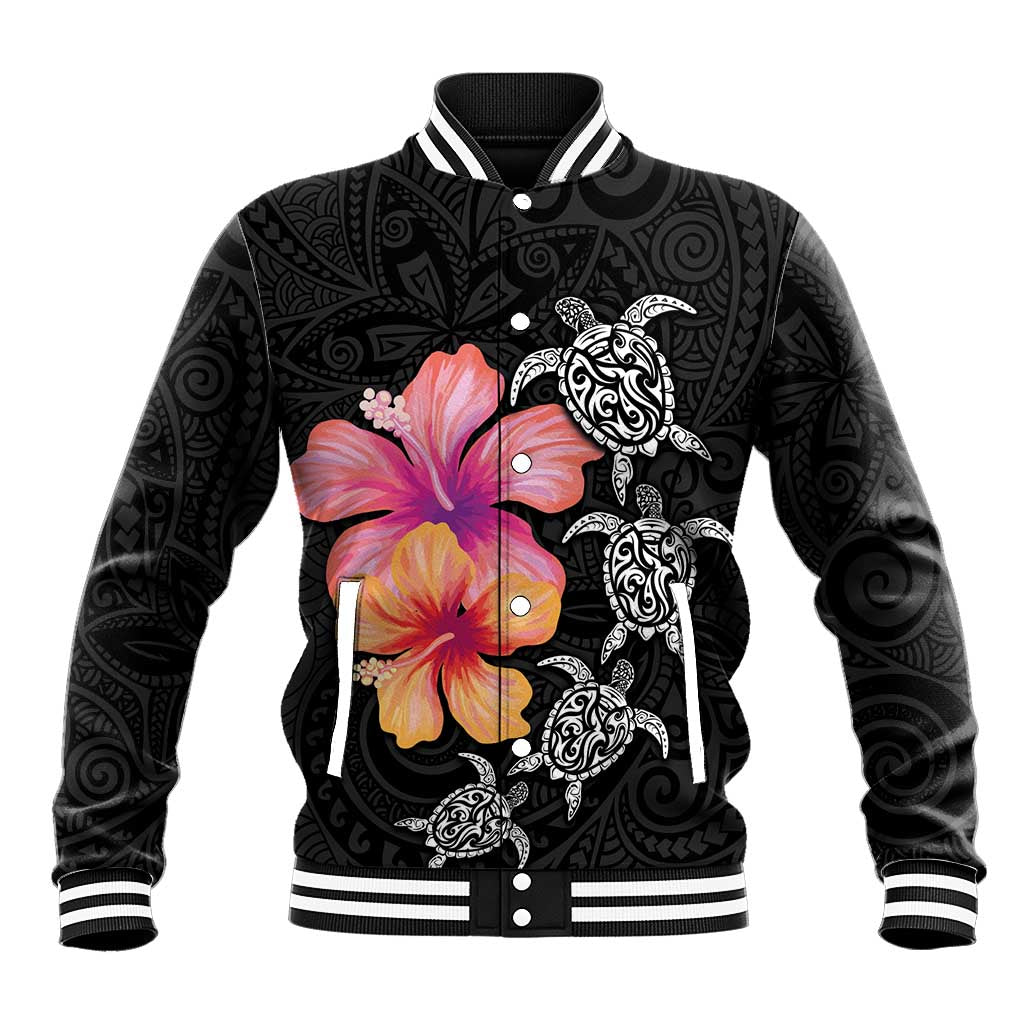 Hawaiian Hibiscus Turtle Tribal Polynesian Pattern Baseball Jacket Black Color