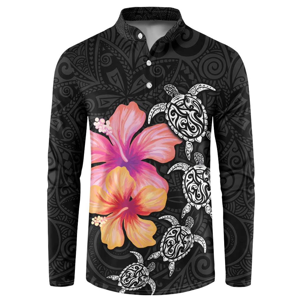 Hawaiian Hibiscus Turtle Tribal Polynesian Pattern Button Sweatshirt Black Color