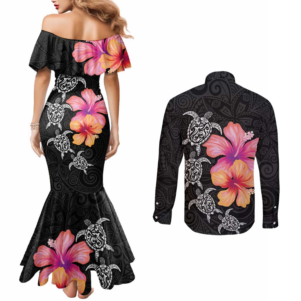 Hawaiian Hibiscus Turtle Tribal Polynesian Pattern Couples Matching Mermaid Dress and Long Sleeve Button Shirt Black Color